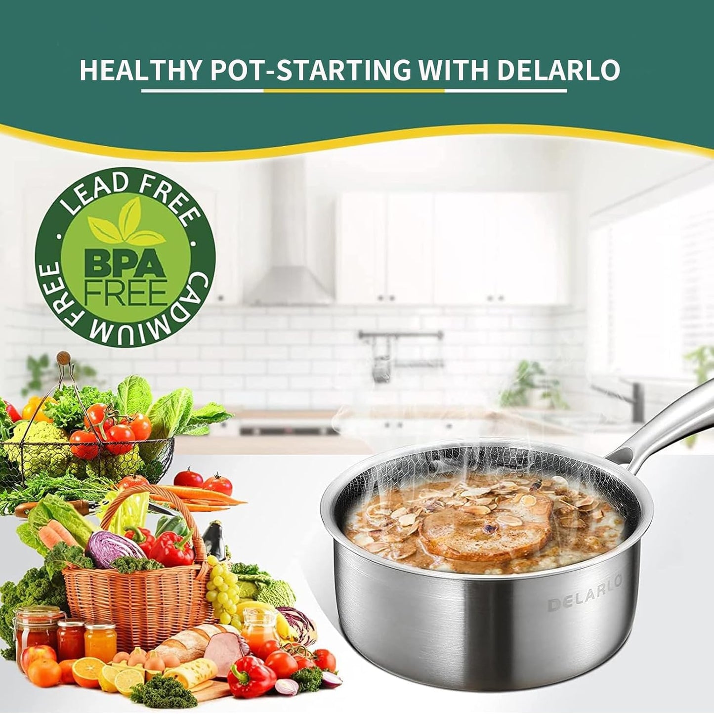 DELALRO Full Clad Tri-Ply Stainless Steel Sauce Pan 2.5QT, All Stove Safe 600℉(Lids 300℉), Medium Sauce Pan with Lid, Non Stick Sauce Pan, Fast & Even Heat, Steel Pot with Lid, Energy Saving,2-1/2 QT
