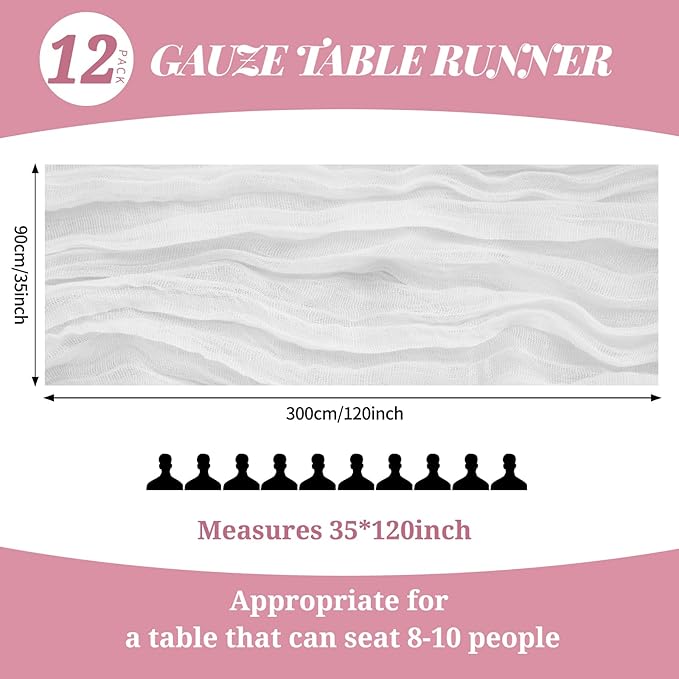 12 Pack 10Ft White Cheesecloth Table Runner 35 x 120 inch Boho Gauze Cheese Cloth Table Runner Vintage Rustic Sheer Runners for Wedding Bridal Shower Birthday Party Cake Table Decorations