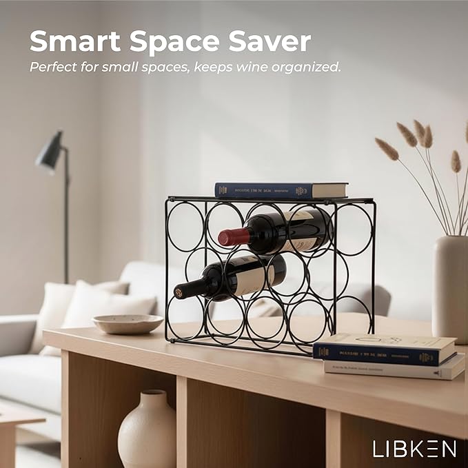 Countertop Wine Rack – Black Powder Coated Metal Wine Holder, Minimal Scandinavian Design – Modern Geometric Small Wine Rack for Countertop, Cabinet, or Tabletop Storage, Fits 11 Bottles