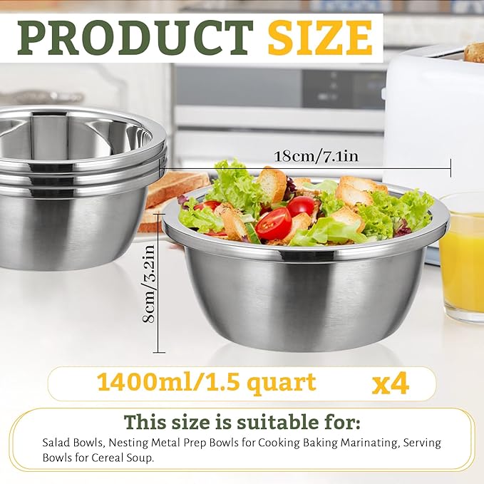 Stainless Steel Bowl Set of 4, Thicker 18/8 Stainless Salad Mixing Bowls 1.5 Quart, Nesting Metal Prep Bowls for Cooking Baking Marinating Cereal Soup