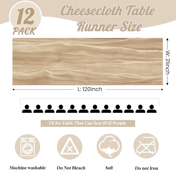 12 Pack Beige Table Runner 10FT Cheesecloth Table Runner 21 x 120 inch Boho Gauze Cheese Cloth Table Runner Rustic Sheer Table Runner for Party Wedding Bridal Baby Shower Birthday Table Decor