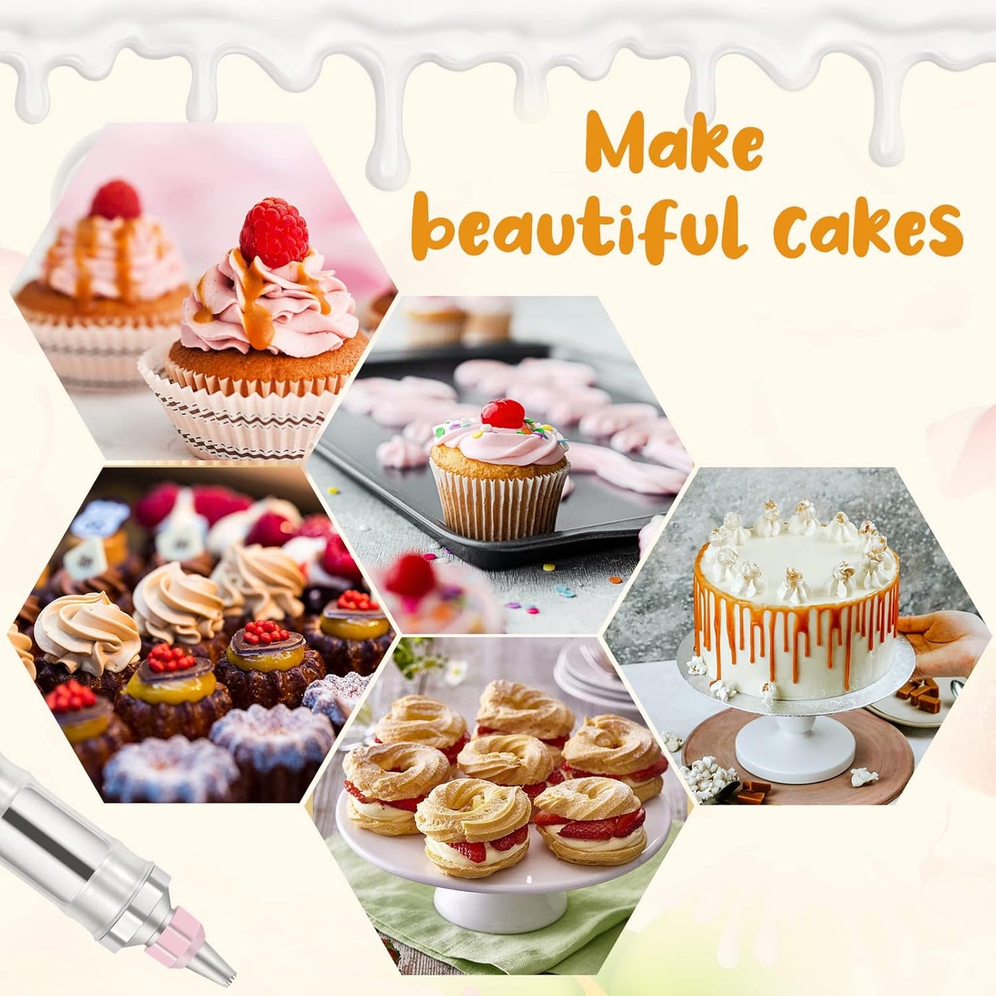 Dualshine Pink Cake Decorating Kit - 6 Russian Piping Icing Nozzles, 3 Cream Scrapers, Stainless Steel Cupcake Frosting Filling Injector