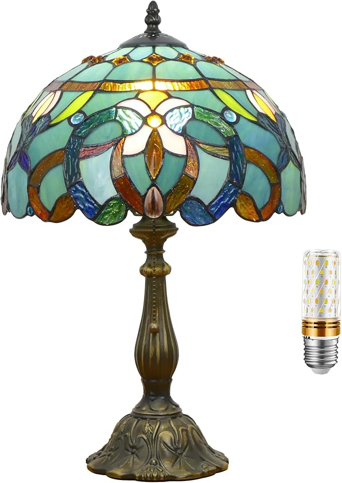 Tiffany Lamp Stained Glass Table Lamp Antique Bedside Reading Light W12H19 Inches (Sea Blue Baroque)