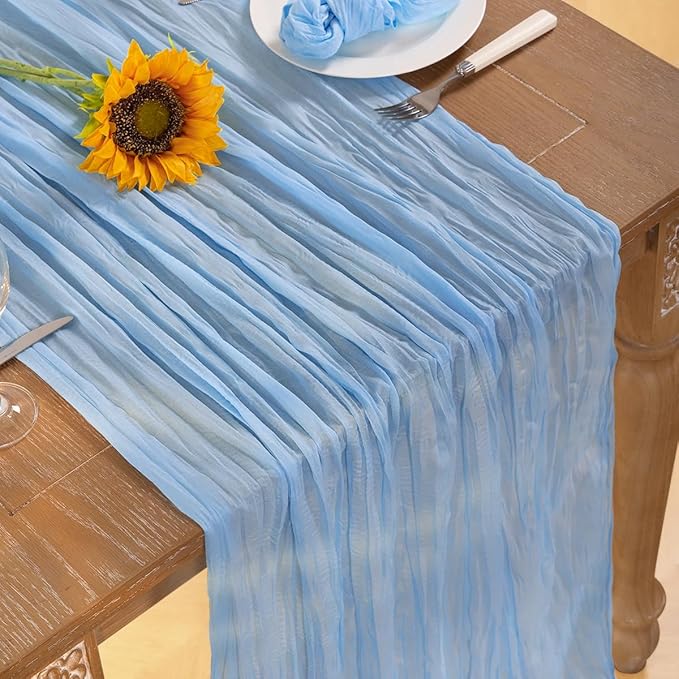 Baby Blue Cheesecloth Table Runner 12 Pack Christmas Table Runners Boho Gauze 120 Inches Light Blue Table Decor for Xmas Holiday Season Parties Wedding Bridal Baby Boy Shower Birthday
