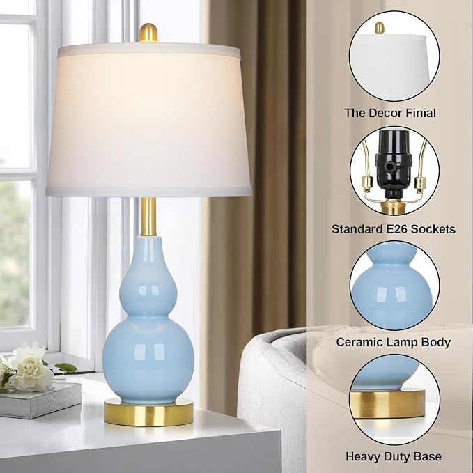 25" Modern Ceramic Table Lamps Set of 2, Blue Double Gourd Ceramic Lamps for Living Room, Coastal Farmhouse Rustic Bedside Nightstand Nautical Lamps for Bedrooms Home Office Dorm(2 LED Bulbs Included)