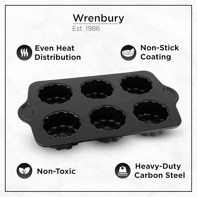 Wrenbury Mini Charlotte Cake Pan 6 Cup - Non Toxic Fluted Molds for Baking - Trifle Cake Mold - Novelty Dessert Tin with Recipe Book - 3.5 inch Non Stick