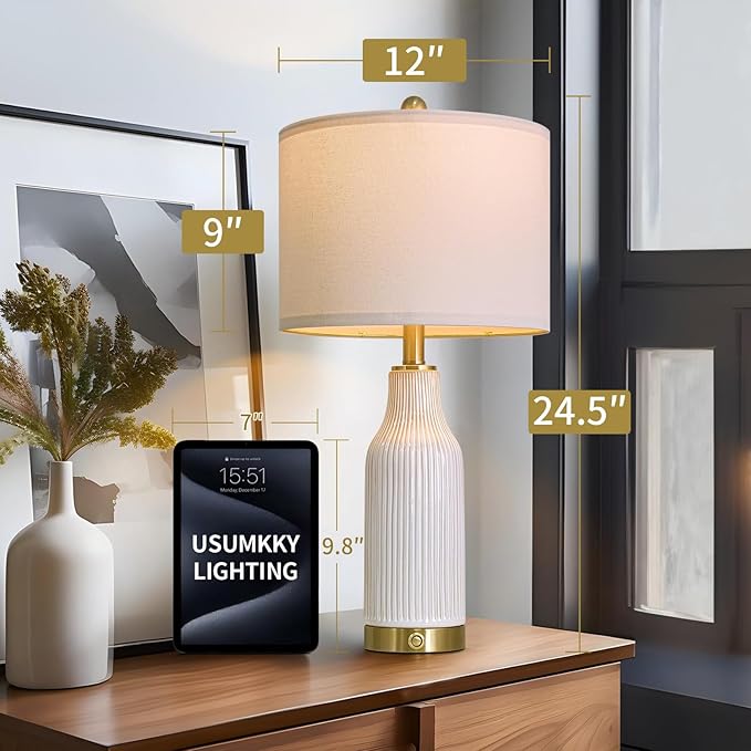 24.5" Modern 3-Way Dimmable Touch Control with USB A+C Ceramic Lamps Set of 2 Table Lamp for Living Room Bedroom Farmhouse Nightstand Bedside White