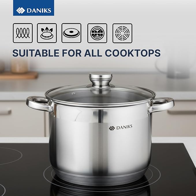 Daniks Standard 10 Quart Stainless Steel Stock Pot with Glass Lid, Try-Ply Bottom for Even Heating, Induction Compatible, Dishwasher Safe, Built-In Measuring Scale, Silver