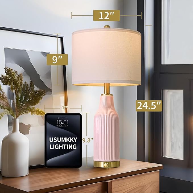 24.5" Modern 3-Way Dimmable Touch Control with USB A+C Ceramic Lamps Set of 2 Table Lamp for Living Room Bedroom Farmhouse Nightstand Bedside Pink