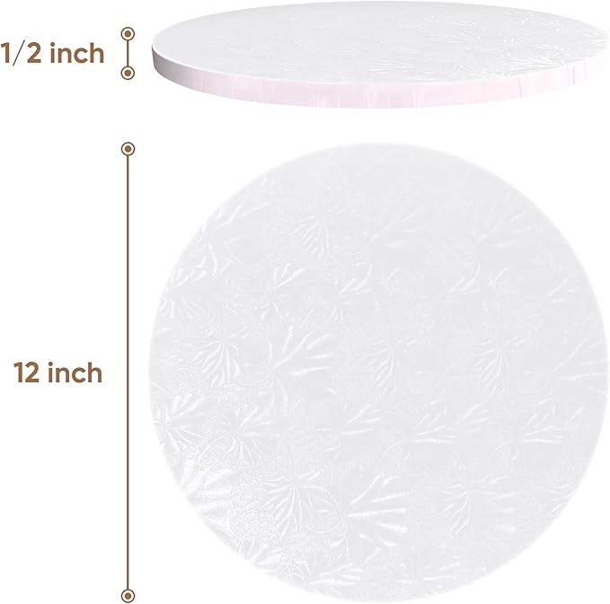 Cakebon Cake Boards - Sturdy 1/2 Thick Drums - 12 Inch Professional Fully Wrapped Edges White 6-Pack