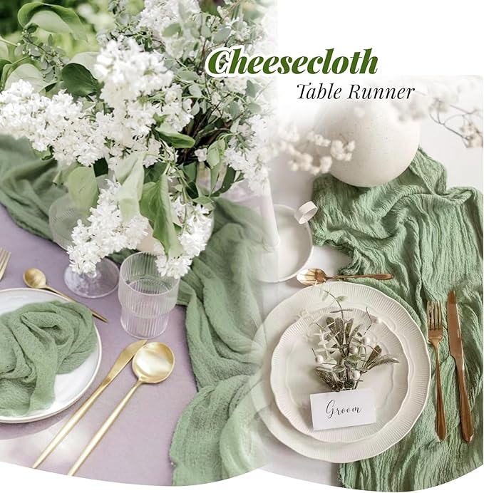 Aktor 6 Pack Sage Green Cheesecloth Table Runner 10Ft Gauze Table Runner Boho Semi Sheer Cheese Cloth Fabric Runners for Wedding Birthday Baby Shower Party Table Decoration（Sage Green）