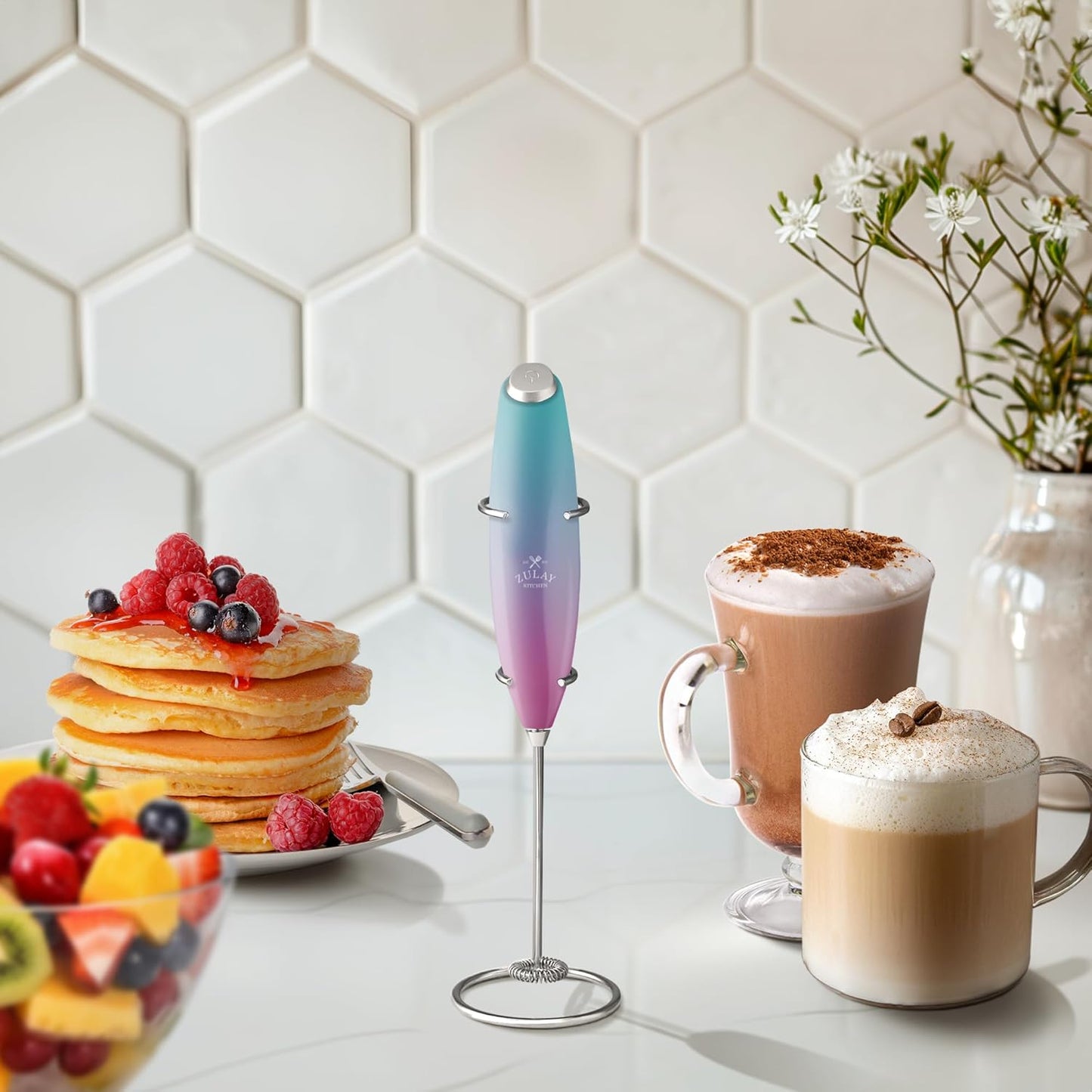 Zulay Powerful Milk Frother Handheld Foam Maker for Lattes - Whisk Drink Mixer for Coffee, Mini Foamer for Cappuccino, Frappe, Matcha, Hot Chocolate by Milk Boss (Bubblegum)