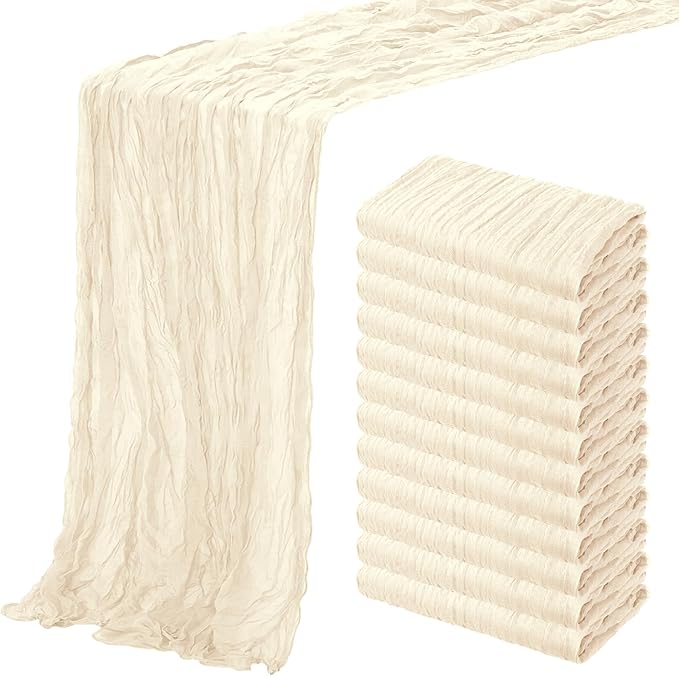 Aktor 12 Pack Ivory Cheesecloth Table Runner 10Ft Gauze Table Runner Boho Semi Sheer Cheese Cloth Fabric Runners for Wedding Birthday Baby Shower Party Table Decoration（Ivory）