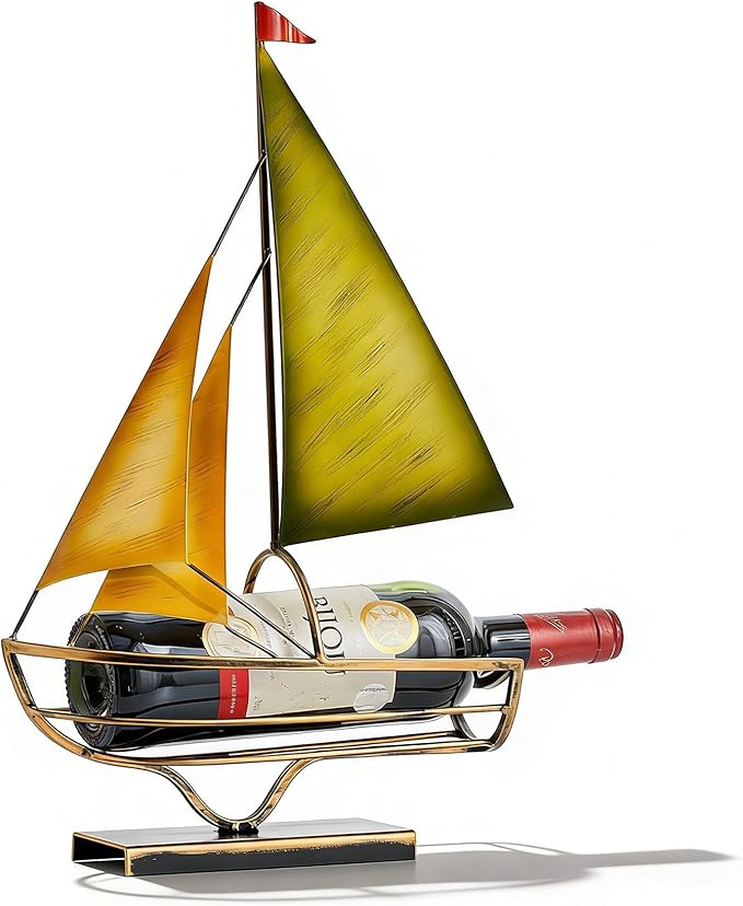 Metal Sailboat Wine Rack for Countertop – Decorative Wine Bottle Holder for Kitchen Bar Dining Table, Boat Sculpture Wine Stand Nautical Home Decor (Gold and Green)