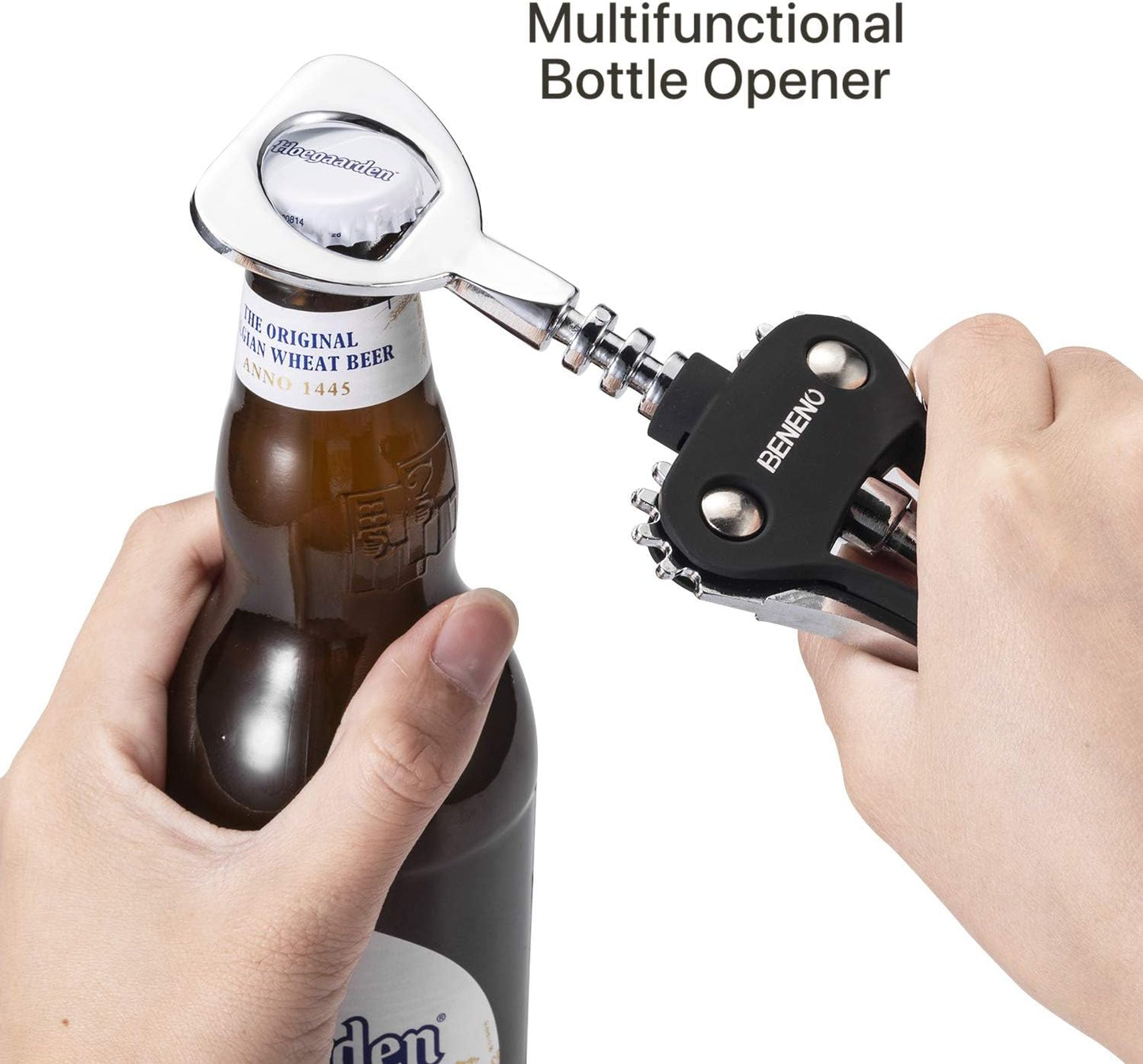 Beneno Wine Opener with Stainless Steel Wine Foil Cutter - Bottle Top Seal Cutter, Zinc Alloy Premium Wing Corkscrew with Multifunctional Bottles Opener, Upgrade Black Set