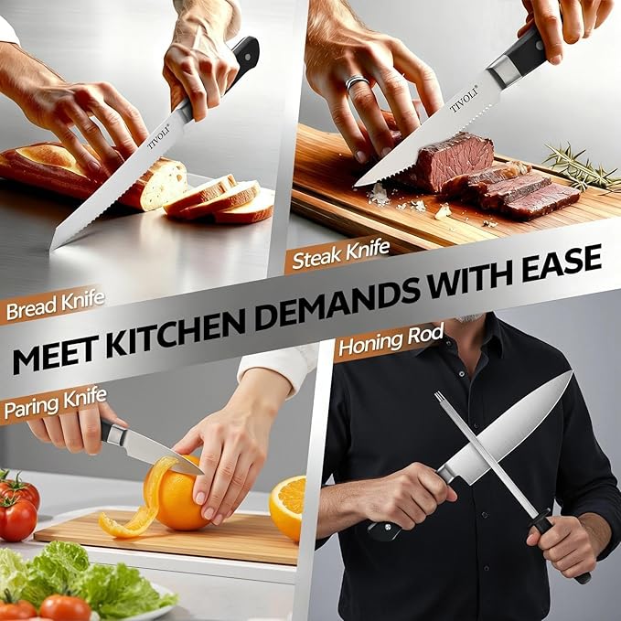 TIVOLI Knife Block Set, 15 PCS Kitchen Knife Set with Block & Honing Rod & Kitchen Scissor, High Carbon Stainless Steel Cutlery Knife Set, Ergonomic Wood Handle, Gifts For Cooks, Black