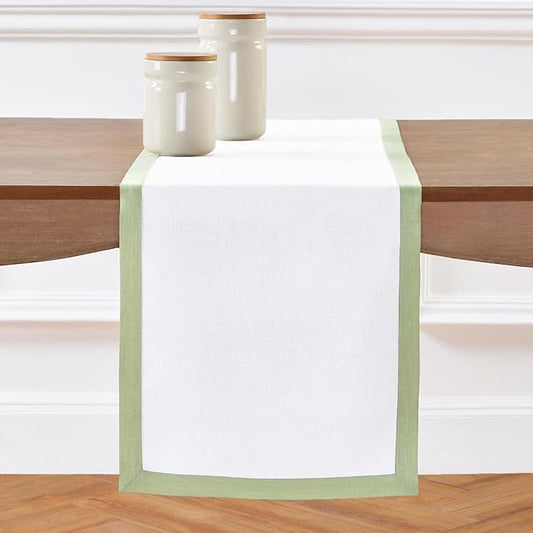 Solino Home Linen Table Runner 90 Inches Long - 100% Pure Linen Sage Green and White Dining Table Runner 14 x 90 Inch for Christmas, Winter, New Year - Classic