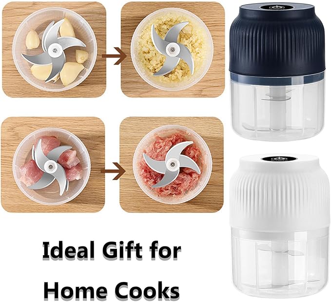 Electric Garlic Chopper, Mini Portable Veggie Cutter, 300ml Cordless Garlic Grinder Onion Masher, Portable Vegetable Cutter for Garlic, Onions, Herbs, Spices & Baby Food (Blue, 6 Blade+Egg Beater)