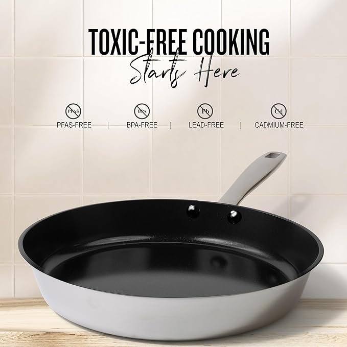 Alva Maestro Nonstick Stainless Steel Frying Pan 11″ – Oven‑Safe, Induction & All‑Stove Compatible, Made with No PFAS/PFOA/PTFE, Even‑Heat Tech, Glass Lid Included