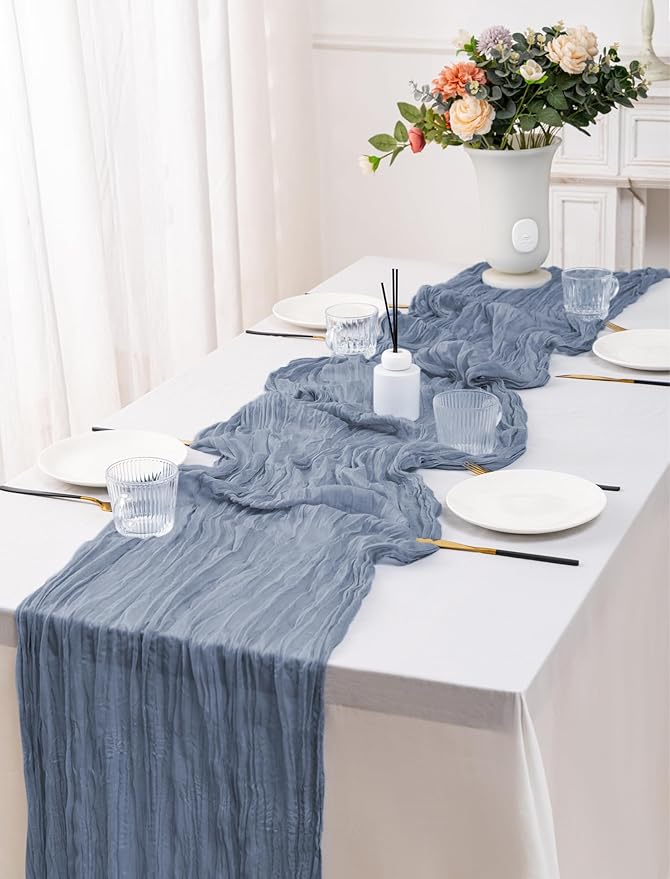 12 Pack Dusty Blue Table Runner 10FT Cheesecloth Table Runner 21 x 120 inch Boho Gauze Cheese Cloth Table Runner Rustic Sheer Table Runner for Party Wedding Bridal Baby Shower Birthday Table Decor