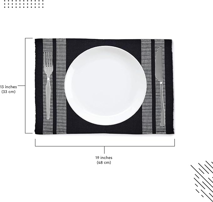 Encasa XO Dining Placemat Set of 6 | Solid Ladder Black Color | Fine Ribbed Cotton Table mat | Size 18x13 in |for Dining Table Fall Decoration, Holiday & Christmas Festivals - Machine Washable