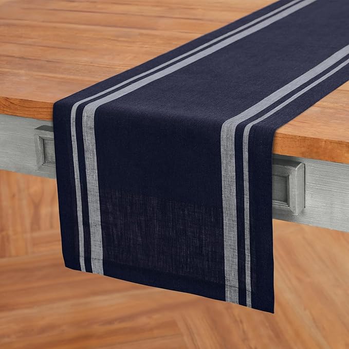 Solino Home Linen Table Runner 90 Inches Long - French Stripe, 100% Pure Linen White and Navy Farmhouse Table Runner 14 x 90 Inch Ideal for Dining, Christmas, Holiday, Winter, New Year
