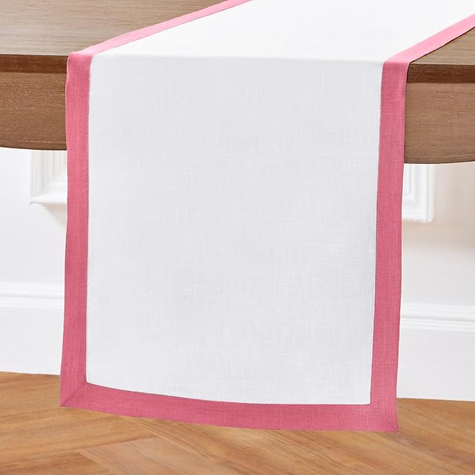Solino Home Linen Table Runner 36 Inches - 100% Pure Linen Pink Carnation and White Short Table Runner 14 x 36 Inch Ideal for Dresser and Coffee Tables - New Year, Christmas - Classic