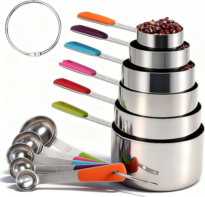Measuring Cups and Spoons Set Stainless Steel 11 Piece for Cooking and Baking (6 Cups + 5 Spoons, Colorful Handles)