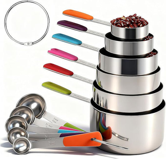 Measuring Cups and Spoons Set Stainless Steel 11 Piece for Cooking and Baking (6 Cups + 5 Spoons, Colorful Handles)