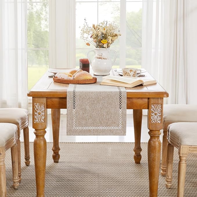 Burlap Style Farmhouse Table Runner, 13 x 72 Inch Coffee, Rustic Geometric Hollow Table Runners 72 Inches Long for Dresser Table Everyday Use, 13x72 Inches, Coffee