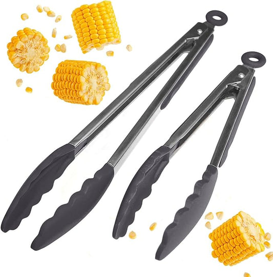 StarPack Premium Silicone Kitchen Tongs Set of 2 (9-Inch & 12-Inch) - Stainless Steel with Non-Stick Silicone Tips, High Heat Resistant to 480°F, For Cooking, Serving, Grill, BBQ & Salad (Stormy Grey)