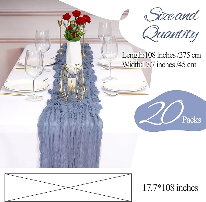 20 Pack Cheesecloth Table Runner Dusty Blue, Rustic Boho Gauze Fabric Table Runner Romantic Table Runner For Wedding, Festival, Birthday, Anniversary, Dinner and Outdoor Events (17.7 x 108 inch)