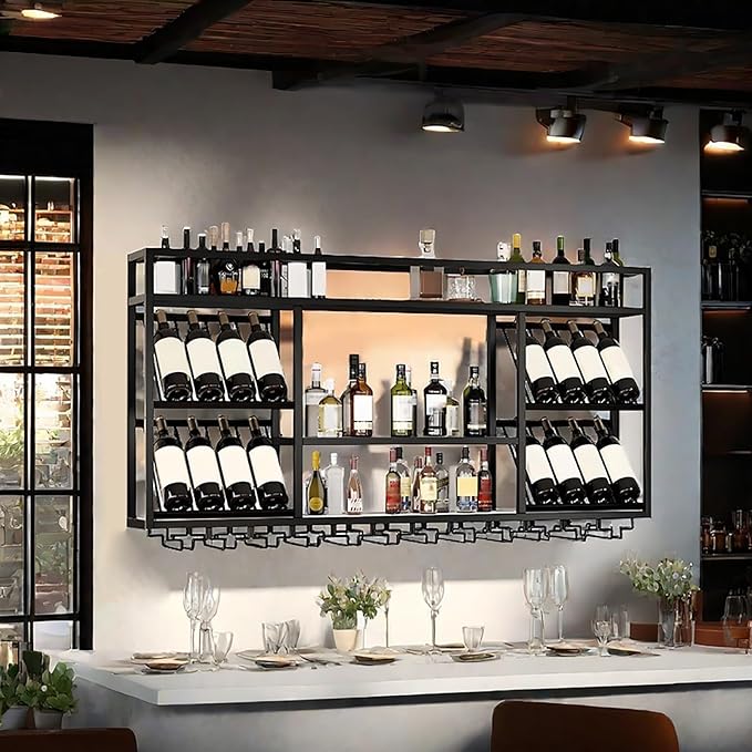 Wall Mounted Wine Racks with Glass Holder, 3 Tier Wine Storage Display Rack, Floating Rustic Metal Bar Liquor Shelves, for Home Bar, Wine Kitchen Storage (Black, 31.49x27.55x9.8in)