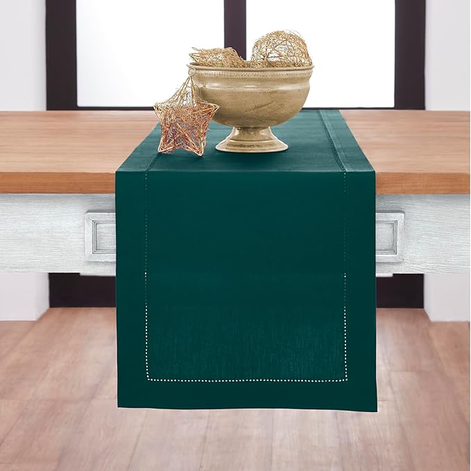 Solino Home Cotton Linen Dark Green Table Runner 120 Inches Long - Hemstitch 14 x 120 Inch Table Runner for Christmas, New Year - Handcrafted and Machine Washable