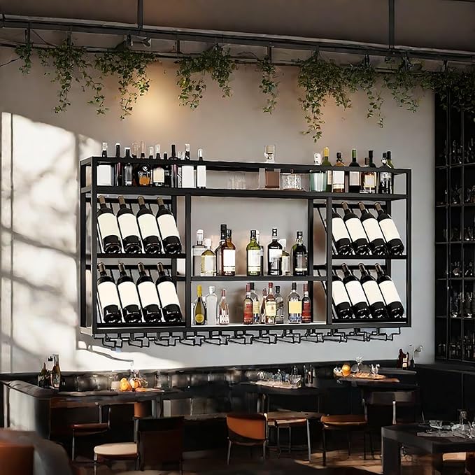 Wall Mounted Wine Racks with Glass Holder, 3 Tier Wine Storage Display Rack, Floating Rustic Metal Bar Liquor Shelves, for Home Bar, Wine Kitchen Storage (Gold, 47.24x27.55x9.8in)