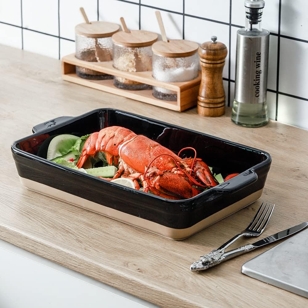 HVH Baking Dish Set, 9x13 Baking Dish, Ceramic Lasagne Pan Deep, Large Casserole Dish Set, Baking Dishes for Casseroles 13 x 9, Ceramic Bakeware Set of 3, Farmhouse Style (Black)