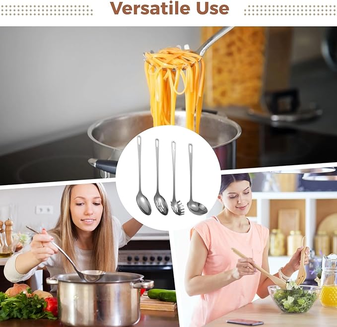 4 Pcs Stainless Steel Cooking Utensils Set, Includes Ladle, Slotted Serving Spoon, Solid Serving Spoon, Pasta Server, 430 Stainless Steel Metal Kitchen Utensils for Cooking
