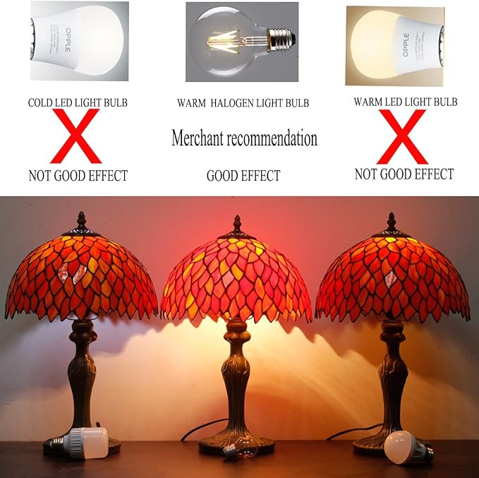 WERFACTORY Tiffany Lamp Stained Glass Table Lamp Red Wisteria Style Desk Bedside Reading Light 12X12X18 Inches Deco Bedroom Living Room Home Office S523R Series (A)