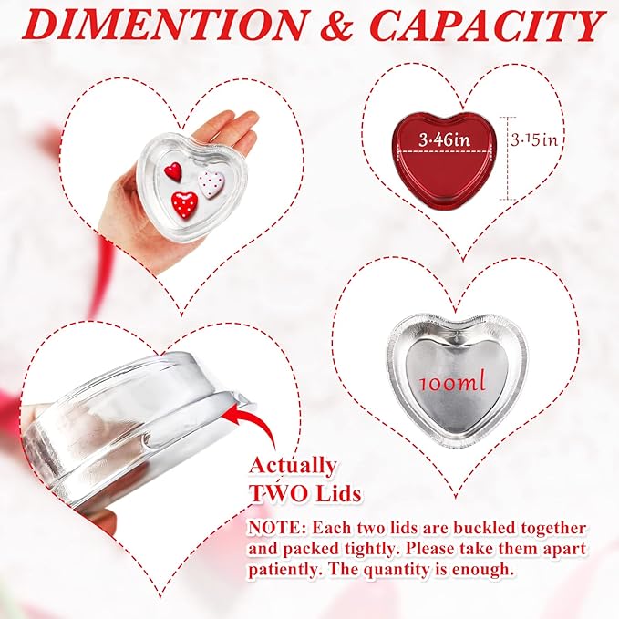 Honeydak Heart Shaped Mini Cake Pan Valentine's Day Aluminum Foil Small Cake Cup with Lids 100 Ml/ 3.4 Ounces Disposable Desserts Baking Tins for Mother's Day Wedding Parties, 3 Colors(100 Sets)