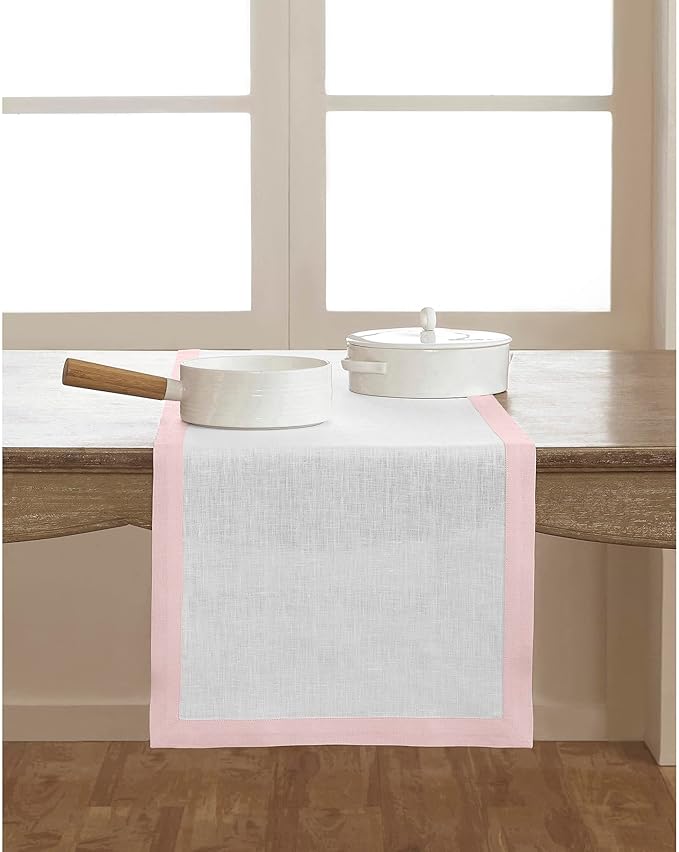 Solino Home Linen Table Runner 60 Inches - 100% Pure Linen Blush Pink and White Small Table Runner 14 x 60 Inch Ideal for Dresser and Coffee Tables, Christmas - Classic