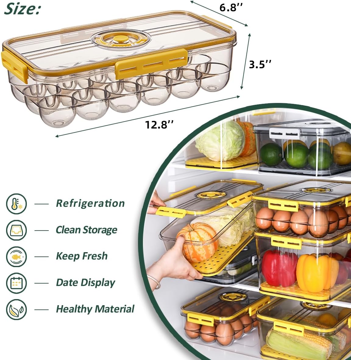 CottonColors Egg Holder for Fridge 18 Egg Container for Refrigerator Plastic Egg Organizer for Refrigerator Stackable Egg Storage With Lids for Timer(2 pack)