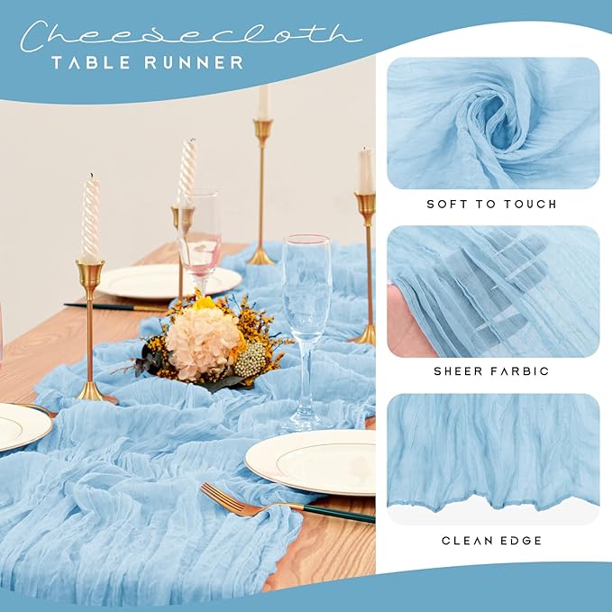 12 Pack Cheesecloth Table Runner 35 x 70 inch Long Boho Cheese Cloth Gauze Table Runners Semi Sheer Table Runner for Wedding Decor, Bridal Shower, Birthday Party (Light Blue)