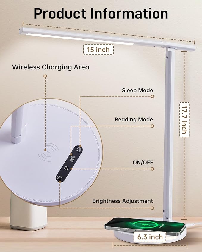 LED Desk Lamp with Wireless Charger, Stepless Dimming Desk Light with 3 Color Modes, Foldable Eye-Caring Study Reading Table Lamp with Night Light for College Dorm Home Office Bedroom Beside(White)