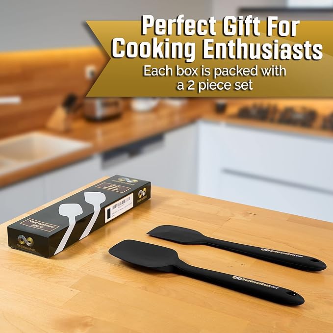 Premium 600F High Heat Resistant Silicone Spatula 2 Set Sturdy Handle Created for Cooking, Baking and Mixing, One Piece Design, Non-Stick, Strong Stainless Steel Core (Black)