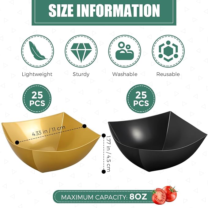 Tanlade 50 Pcs Square Plastic Serving Bowls Disposable Snack Salad Bowl Small Party Candy Bar Containers Taco Bar Serving Dishes for Buffet Chips Fruit (8 oz,Black, Gold)