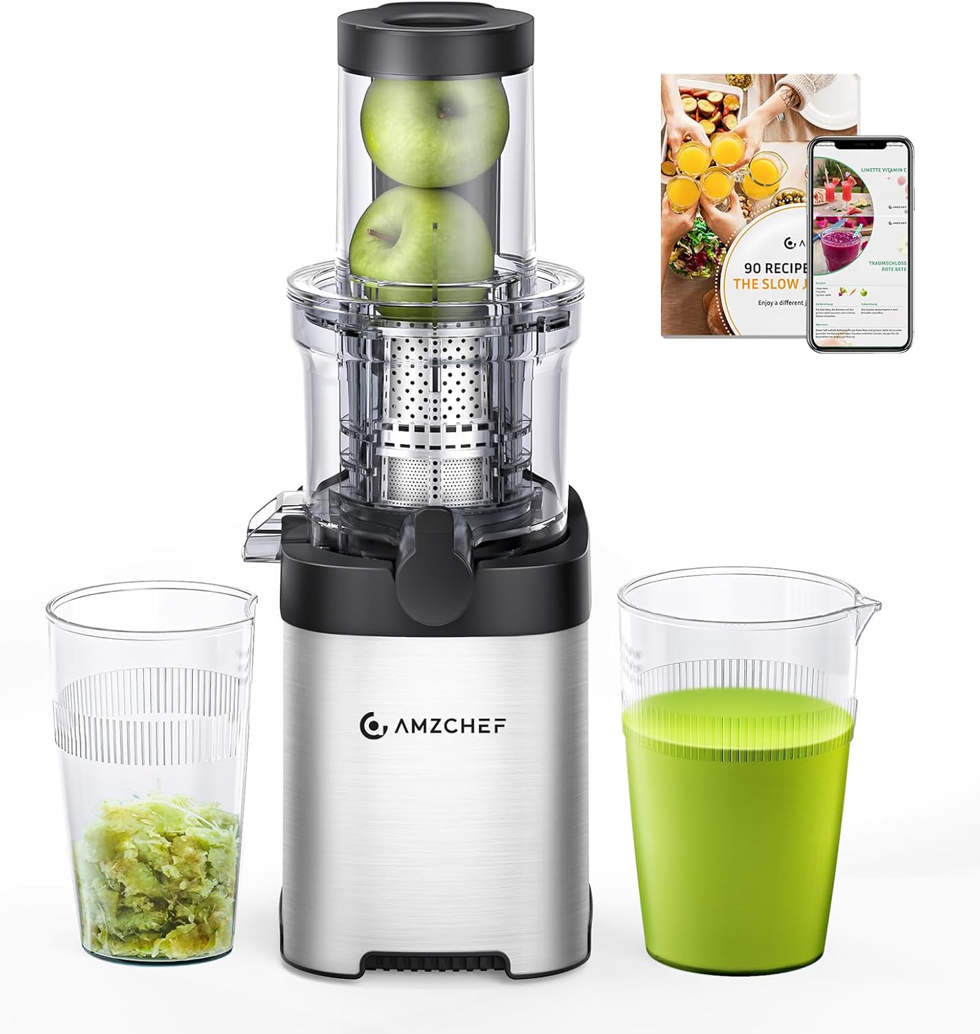 AMZCHEF Cold Press Juicer, 3.1" Juicer Machines with Large Feed Chute for Whole Fruits & Vegetables, Stainless Steel Juice Extractor with Large Auger, Dual Strainers, Easy Cleanup & Assembly