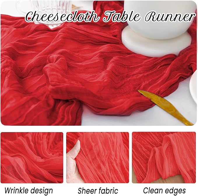 12 Pack Red Table Runner 10FT Cheesecloth Table Runner 21 x 120 inch Boho Gauze Cheese Cloth Table Runner Rustic Sheer Table Runner for Party Wedding Bridal Baby Shower Christmas Table Decor