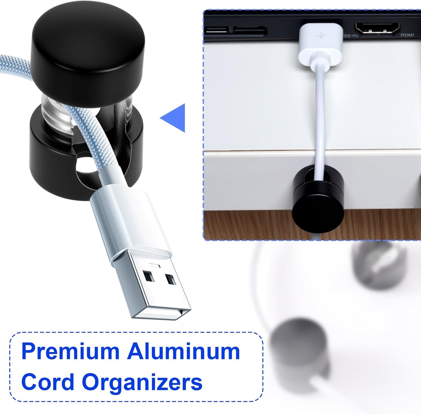 5 Sets Charger Holders for Cords, Matte Black Color Adjustable Cable Anchor Holders, Adhesive Metal Cord Clips, Cable Management Wire Organizers for Desk, Office, Nightstand