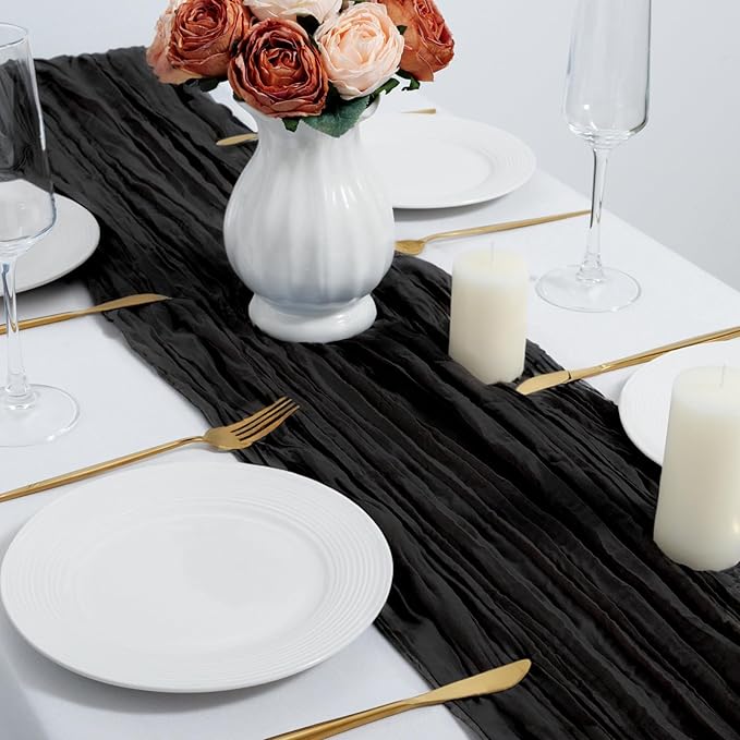combocube 12 Pack 35x120 Inch 10Ft Cheesecloth Long Table Runner Gauze Rustic Romantic Table Cloth for Halloween Wedding Reception Bridal Shower Holiday Birthday Party Table Decorations, Black