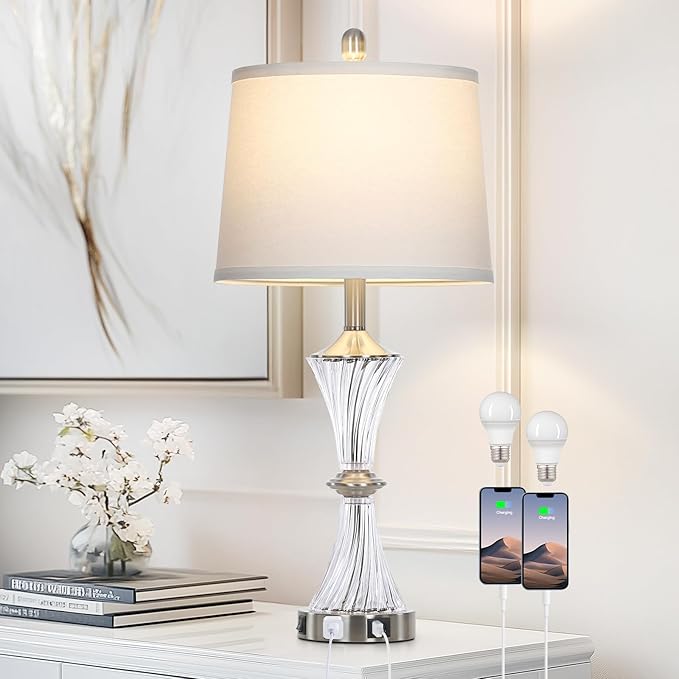 Crystal Glass Table Lamp with USB C+A Ports & AC Outlet,White Clear Modern Bedroom Lamp,Silver Lamp for Living Room,Nightstand Lamp LED Bulbs Included,Single Silver